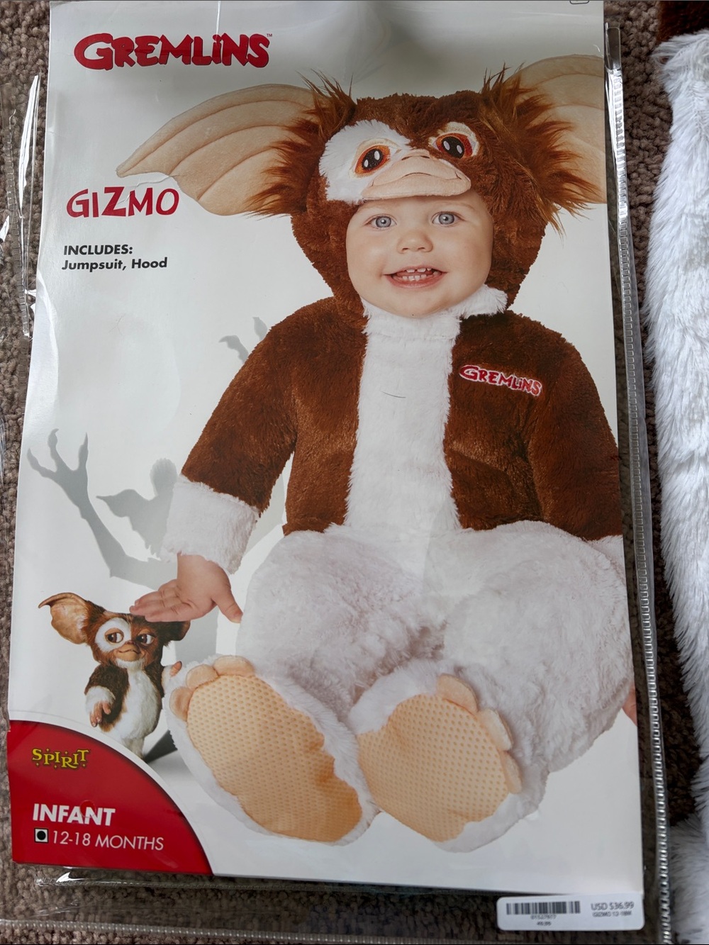 Spirit Gremlins Gizmo Infant Costume - Brown & Cream Plush Jumpsuit with Hood